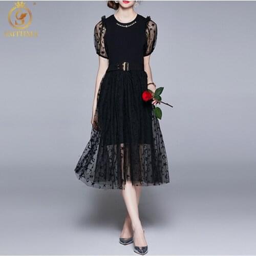 Vintage Two Piece Set For Women O Neck Puff Short Sleeves Black Top High Waist Mesh Skirt Casual Suit Female 2021 New Clothes