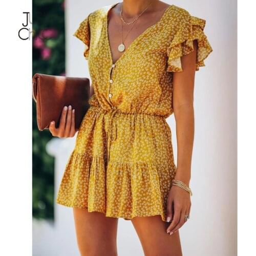Justchicc Floral Print Yellow Summer Dress For Women V-neck Lace Up Mini Beach Dresses Button Short Sleeve Holiday Vestidos