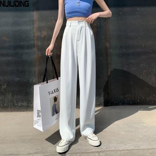 Casual Chic Loose High Waist Female Wide Leg Pants Spring Summer Ladies Long Trousers 2021 Women Floor-Length White Suits Pants
