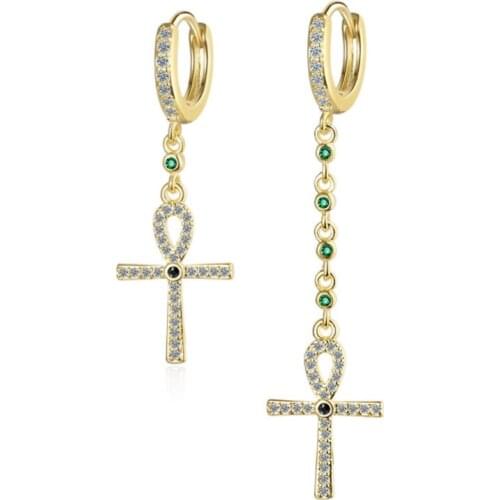Females Elegant Cubic Zircon Egyptian Key of Life Earrings Asymmetric Ankh Cross Dangle Pendientes Mujer