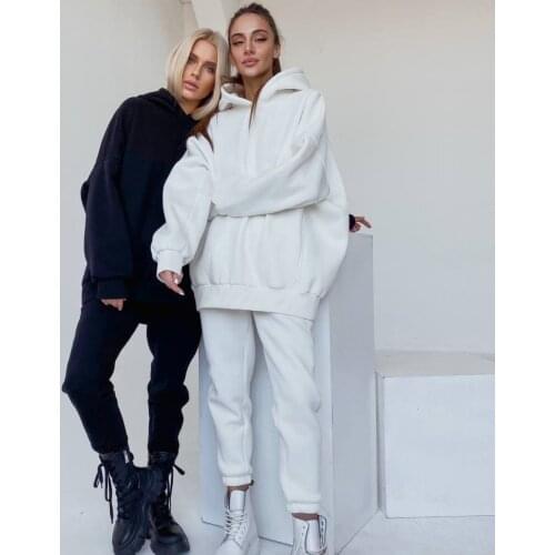 Women Two-piece Sports Clothes Set Solid Color Hooded Pullover and Loose Style Pants Sportswear Set