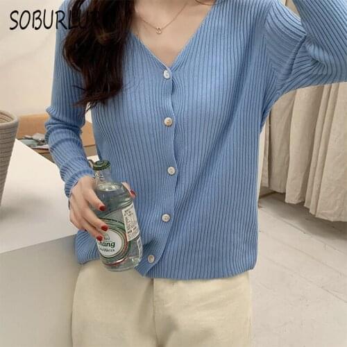 Autumn Cardigan Sweater Women Casual Knitted Cardigans Cotton V Neck Long Sleeve Sweaters