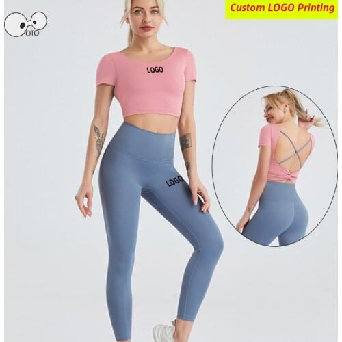 Women 2 Pcs Crop Top+Leggings Yoga Sport Suit Quick Dry Workout Tracksuit Gym Fitness Running Set Built-In Bra Sportswear Custom