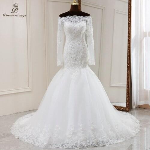 Real video Boat Neck Long sleeve Appliques style mermaid wedding dress marriage dress robe de mariee vestidos de novia sereia