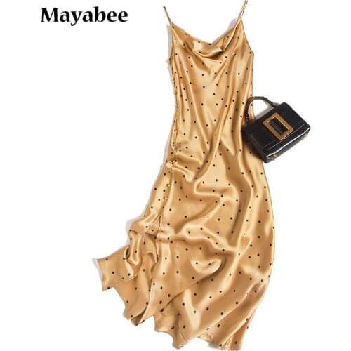 2021 Spring Summer New Arrival Champagne Polka Dot Print Side Slit Mid-Length Sling Evening Dress Silk Womens Dress