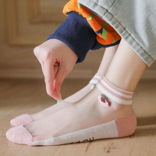 1Pair Japanese Korea Style Socks Womens Casual Creative Transparent Silk Trend Peach Print Ultrathin Glass Silk Socks