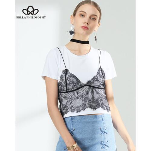 Bella Philosophy 2019 spring summer lace cami short sleeve cotton shirt 2 pcs slim