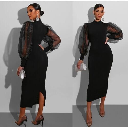 2021 Hot Sale Black Transparent Sexy Women Hollow Sheer Mesh Puff Sleeve dresses Lace Button Tops Perspective Female dress