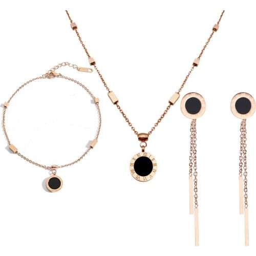 316L Stainless Steel Rose Gold Tassel Long Titanium Steel Earrings Necklace Bracelet Set Roman Numerals On Both Sides