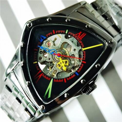 DUNCOUGARTriangle Skeleton Dial Automatic Watch Black Stainless Steel Waterproof Mechanical Watches For Men DUNCOUGAR Top Brand