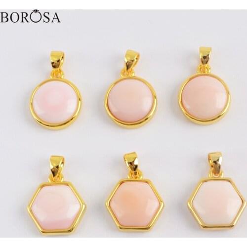BOROSA Trendy Pink Shell Pendant Hexagon Shell Pendant Charm Beads Round Shape Pendant Jewelry for Women Necklace Making WX1324