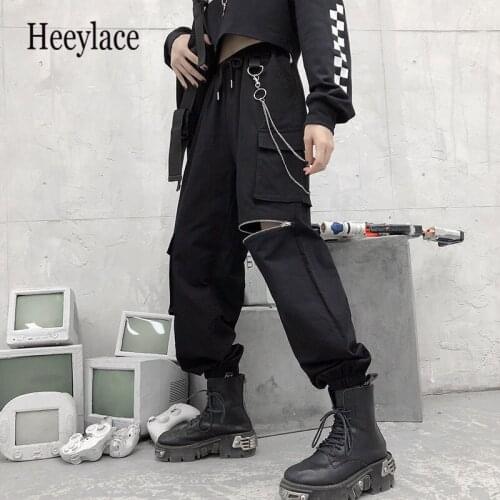 Punk Black Cargo Pants with Chian Hippie Streetwear Gothic Oversized High Waist Jogging Trousers for Female Hollow Out