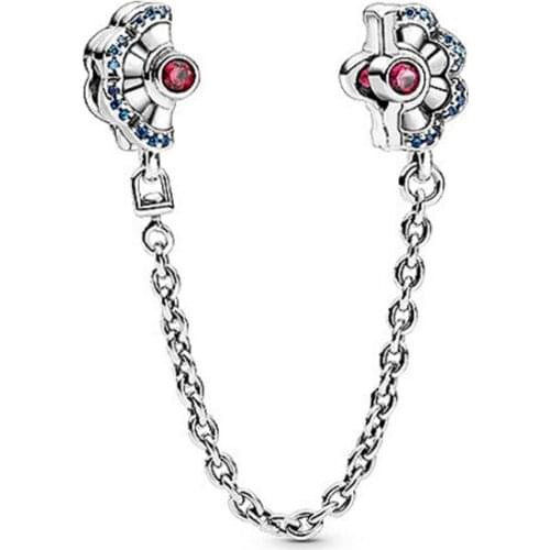 100% 925 Sterling Silver Blue And Pink Fan Shaped Safety Chains Are Suitable For Pan Fashion Bracelet Accessories Jewelry