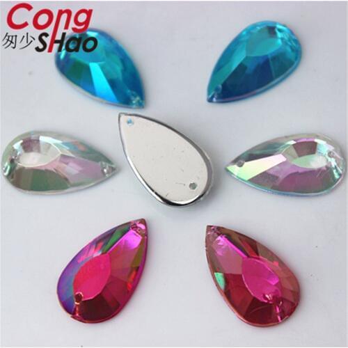 Cong Shao 100PCS 11*20 mm AB Color Drop Acrylic Rhinestone trim flatback stones and crystals sewing 2 Hole costume Button CS103