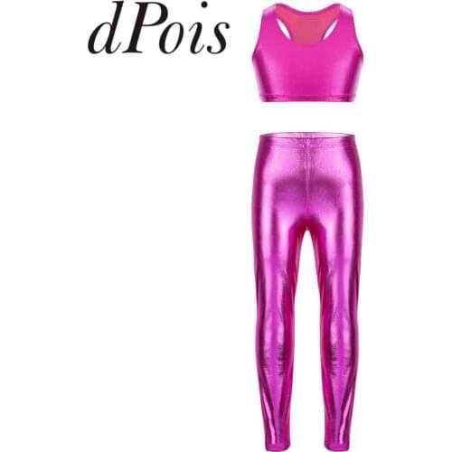 Kids Girls Shiny Metallic Sleeveless Racer Back Crop Top with Skinny Pants Leggings for Dance Competition Performances Costumes