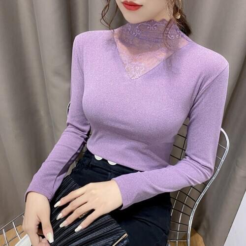 Denim Warm Coat Lace Bottomed Shirt Womens Long Sleeve High Neck Versatile