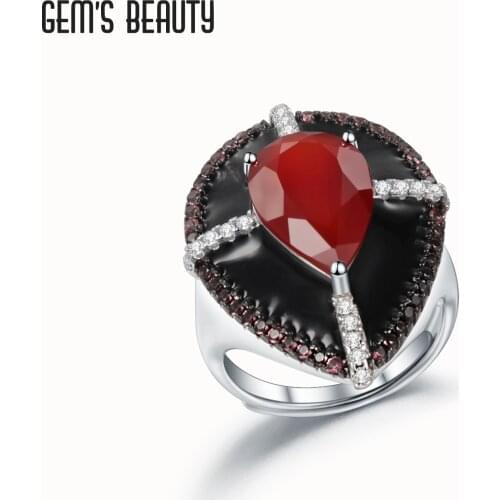 GEMS BEAUTY 925 Sterling Silver Vintage Rings For Women Natural Pear Cut Red Agate Handmade Adjustable Open Rings Jewellery