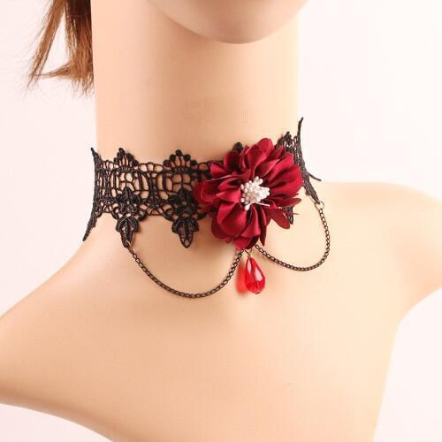 Gothic Sexy Hollow Lace Necklaces For Women Red Flower Crystal Bead Tassel Chain Necklace Charm Choker Statement Fashion Jewelry