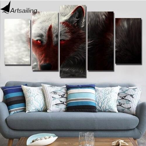 HD Printed 5 Piece Canvas Art Scary Wide Wolf With Red Eye Painting Wall Pictures for Living Room Free Shipping ny-7446C