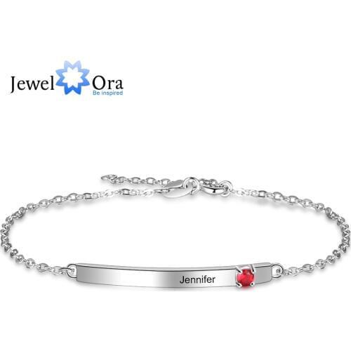 Customized Name Bar Bracelets with 1 Birthstone Engraved Letter Chain Bracelets & Bangles Personalized Gift Jewelry (BA102561)