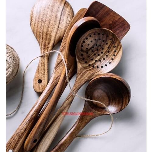Thailand Teak Natural Wood Tableware Spoon Ladle Turner Long Rice Colander Soup Skimmer Cooking Spoons Scoop Kitchen Tool Set