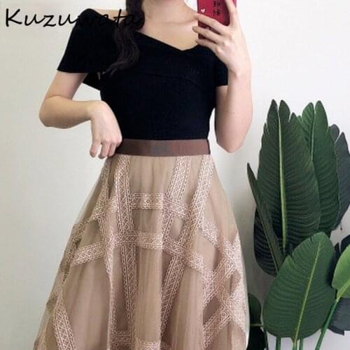 Kuzuwata Sknew Collar Short Sleeve Shoulder Strapless Sexy T Shirt Women Slim Fit Cross Design Solid Tees Summer 2021 New Top