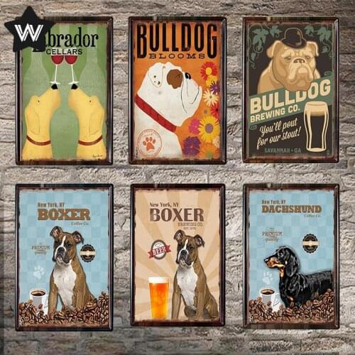 Labrador Boxer Metal Tin Sign Bulldog Dachshund Tin Plaque Metal Poster Vintage Animal Wall Sticker Tin Plate for Pet Shop Decor