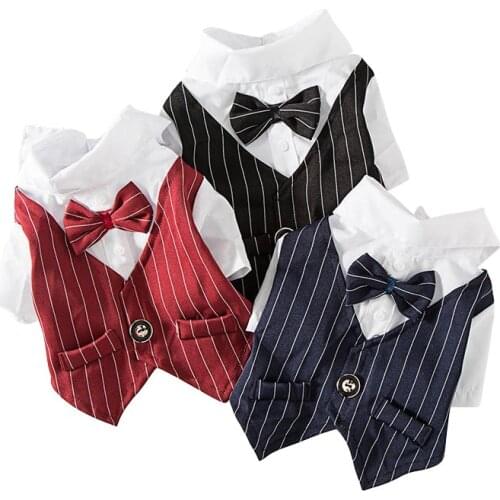 Pet Dog Clothes Dog Jacket for Small Dogs Wedding Suit Gentleman Striped Dog Shirt with Bowtie Chihuahua Christmas Cat Costume