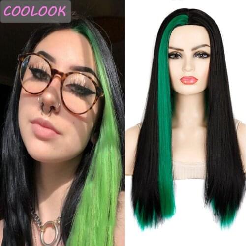 24''Black Long Straight Wig Middle Part Sides Highlight Green Wig Ombre Synthetic Daily Use Cosplay Red Blue Wig for Black Women