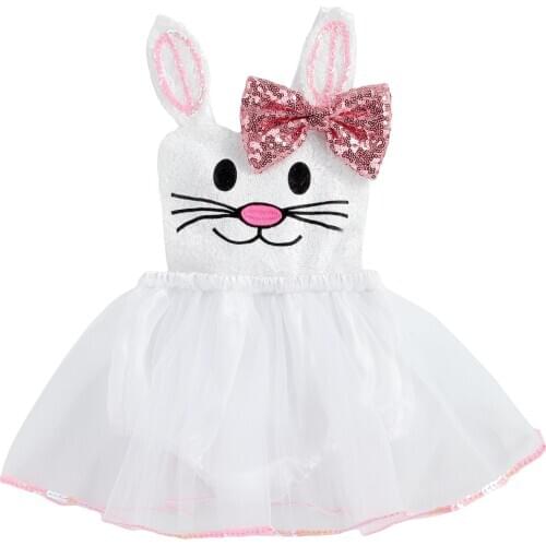 Easter Lovely Newborn Baby Girls Romper Dress Rabbit Sequin Print Bow Lace Tutu Jumpsuits 0-3Y Party Outfits