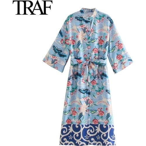 Traf Za Women Clothing Vintage Print Bow Dresses Loose Button Big Shirt Dress French Fashion Female Robe Vestidos Mujer
