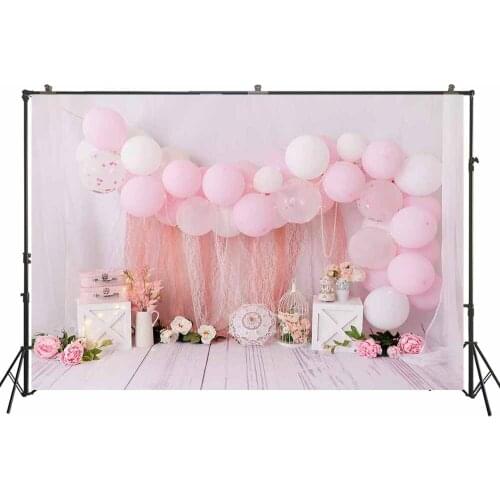 Pink Balloons Flowers Photography Backdrop Princess Baby Girl Cake Smash Portrait Background Spring Easter Photoshoot Backdrops