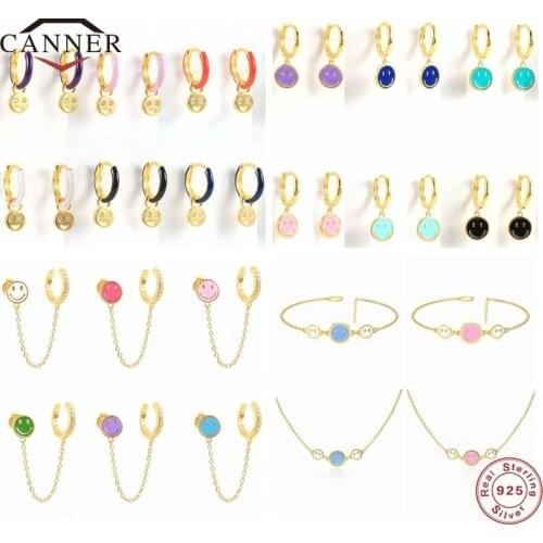 CANNER Exquisite 925 Sterling Silver Colorful Eamel Smiley Face Drop Earrings for Women Piercing Cartilage Earings Jewelry Gifts