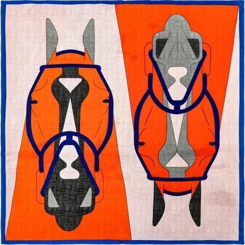 POBING Manual Hand Rolled Twill Silk Scarf Women Horse Head Square Scarves Echarpes Foulards Femme Wrap Lady Bandana Hijab 90CM