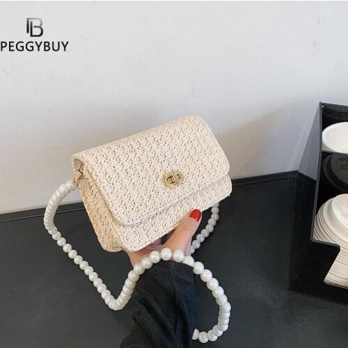 Small Straw Rattan Flap Crossbody bag 2021 Summer New Fashion Womens Designer Travel Handbag Pearl strap Shoulder Beach Purses