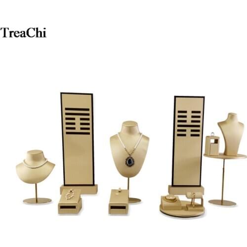 Tai Chi Design Store Stainless Steel Jewelry Window Counter Showcase Gold PU Jewelry Ring Necklace Bracelet Display Holder Stand