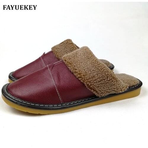 FAYUEKEY New Fashion Winter Leather Home Slippers Women Indoor\ Floor Outdoor Slippers Warm Cotton Plush Non-slip Flat Shoes