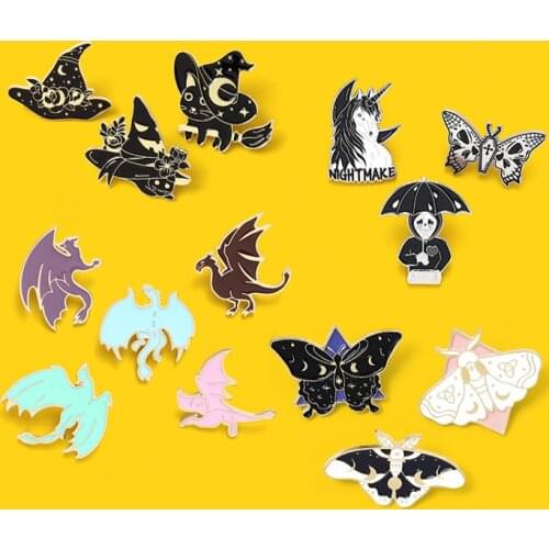 Dark Enamel Pin Flying animals Brooch butterfly moth Pterosaur Witchs cat Wizard Hat ghost skull gothic Lapel Pins Custom Badge