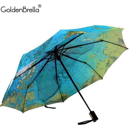 Creative Full Automatic Three-fold Blue Map Umbrella Rain Woman Personality Folding Ultra-light Sun Travel Man Anti-UV Umbrella