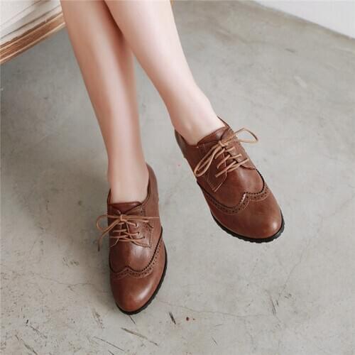 YQBTDL Autumn Rome Vintage Brogue Lace Up Block Heel Shoes Brown Green Black Women Pumps Sewing Female High Heels Plus Size 43