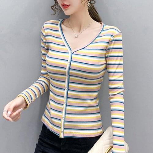 Shintimes V-Neck Rainbow Striped Tshirt Woman 2020 Autumn Long Sleeve Slim T Shirt Women Kawaii Clothes Tee Shirt Femme Blusas