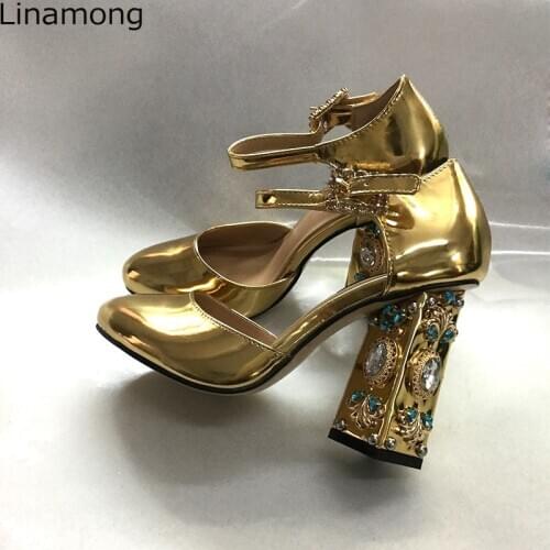 Summer Luxury Rhinestone Rivets Studs Chunky Heels Sandals Woman Shiny Mirror Leather Round toe Gem Crystal Buckle Lolita Pumps