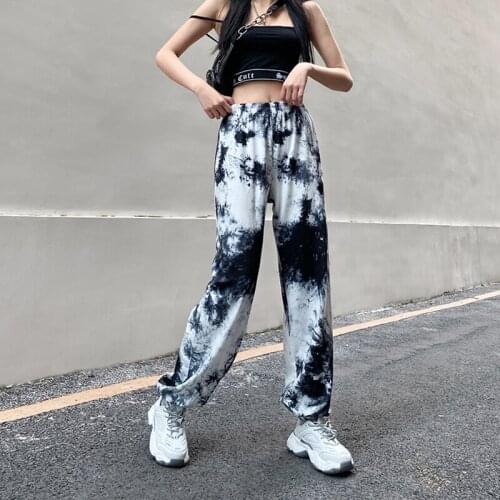 Women High Waist Tie-Dye Letter Print Casual Long Pants Tie Feet Tightening Belt Hip Hop Pants 2020 Winter Women Fashion Pants