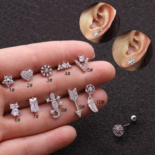 Womens Lovely Flower Ear Bone Stud Micro-Inlaid Zircon Ear Hole Small Ear Stud Stainless Steel Screw Piercing Earrings