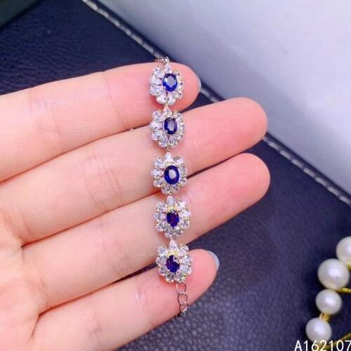 Fine Jewelry 925 Sterling Silver Inset With Natural Gemstones Womens Luxury Lovely Flower Sapphire Hand Bracelet Support Detect