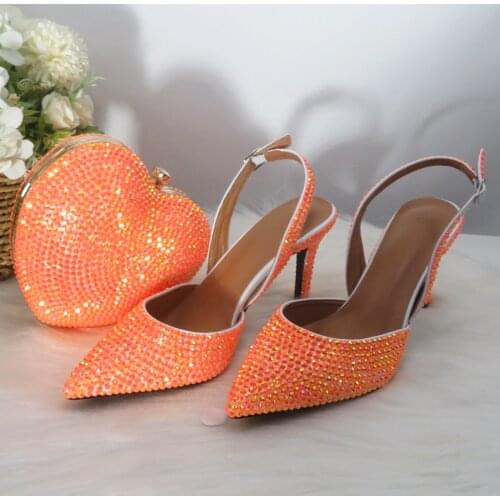 2021 New Arrival Heart Bag Orange AB Pointed Toe Bridal Shoes Wedding Woman High Thin Heel Party Dress Shoes Slingbacks Pumps