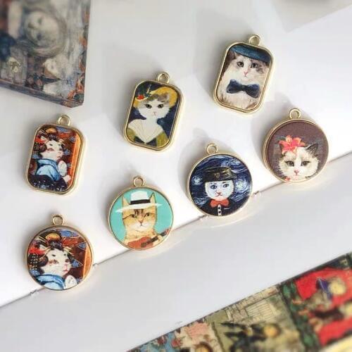 30pcs/lot color cartoon cats pattern geometry rounds/rectangle shape alloy floating locket charms diy jewelry earring accessory