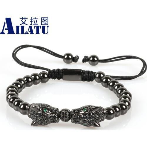 Ailatu Brand Jewelry Micro Pave Cz Double Leopard Heads Charm Braiding Macrame Bracelet with 6mm Copper Beads
