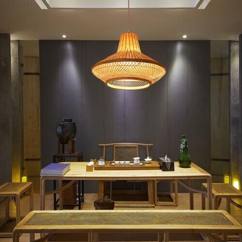 SGROW Bamboo Hand Knitted Lampshade Pendent Light Creative Country Art Deco Hanging Lamp for Living Room Dining Room Lampara