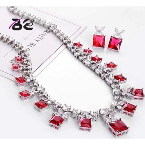BE8 Fashion Red Cubic Zircon Bridal Dubai Jewelry Set For Women 5 Colors Earring Necklace Sets Dress Accessories S-022